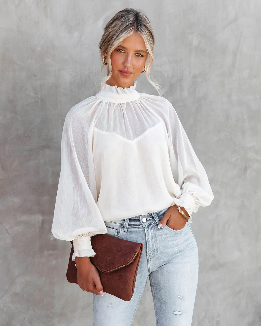 High Neck Ruffle Lantern Sleeve Top