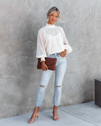 High Neck Ruffle Lantern Sleeve Top