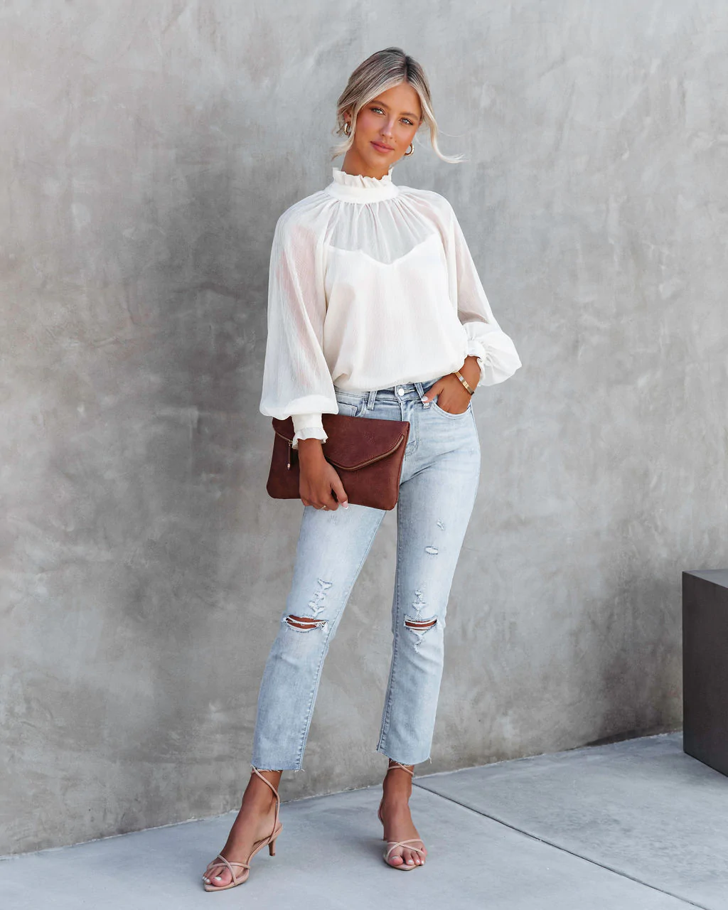 High Neck Ruffle Lantern Sleeve Top