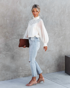 High Neck Ruffle Lantern Sleeve Top