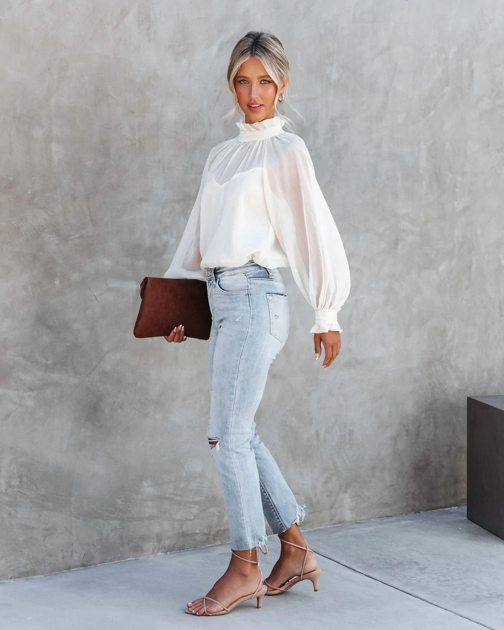 High Neck Ruffle Lantern Sleeve Top