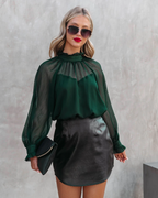 High Neck Ruffle Lantern Sleeve Top