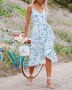 Summer Vacation New Printed Strap V-Neck Flounce Dress