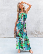Summer Vacation New Tropical Rainforest Flower Printed Flounce Strappy Dress