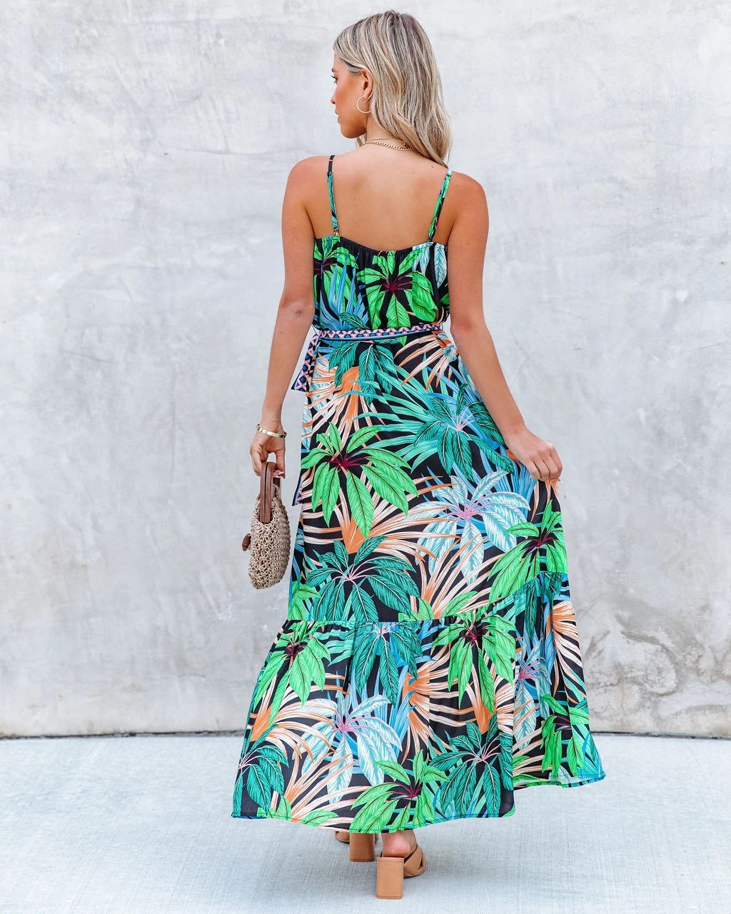 Summer Vacation New Tropical Rainforest Flower Printed Flounce Strappy Dress