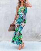 Summer Vacation New Tropical Rainforest Flower Printed Flounce Strappy Dress