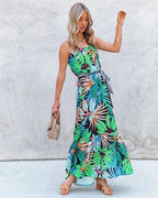 Summer Vacation New Tropical Rainforest Flower Printed Flounce Strappy Dress