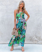 Summer Vacation New Tropical Rainforest Flower Printed Flounce Strappy Dress
