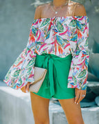 Women's Summer Vacation Printed Shoulder Horn Sleeve Strap Joker Top