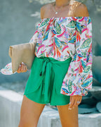 Women's Summer Vacation Printed Shoulder Horn Sleeve Strap Joker Top