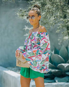 Women's Summer Vacation Printed Shoulder Horn Sleeve Strap Joker Top