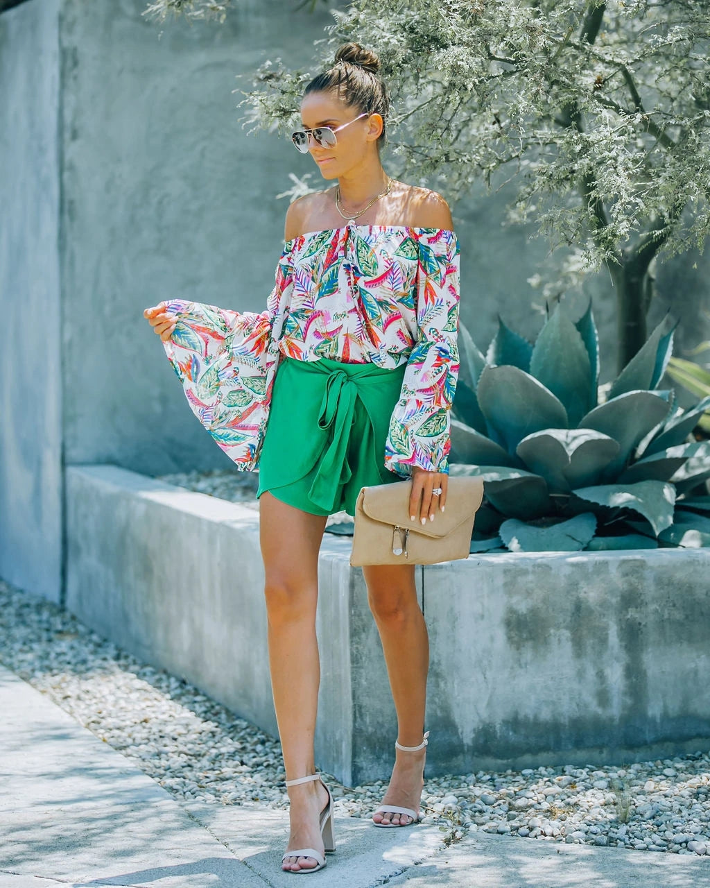 Women's Summer Vacation Printed Shoulder Horn Sleeve Strap Joker Top