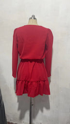 New V-Neck Long-Sleeve Solid Gathered Waist Pleated Dress