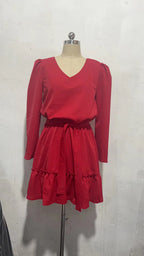 New V-Neck Long-Sleeve Solid Gathered Waist Pleated Dress