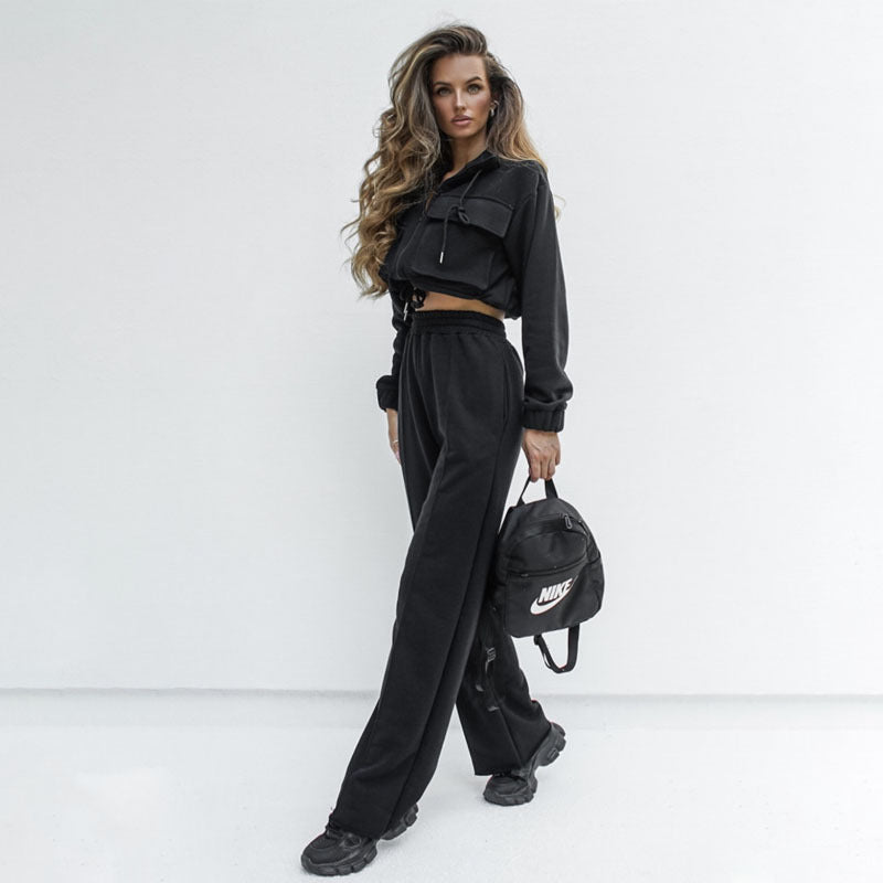 Women's Autumn Winter Solid Color Zipper Double Bag Drawstring Long Set