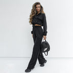 Women's Autumn Winter Solid Color Zipper Double Bag Drawstring Long Set