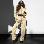 Women's Autumn Winter Solid Color Zipper Double Bag Drawstring Long Set