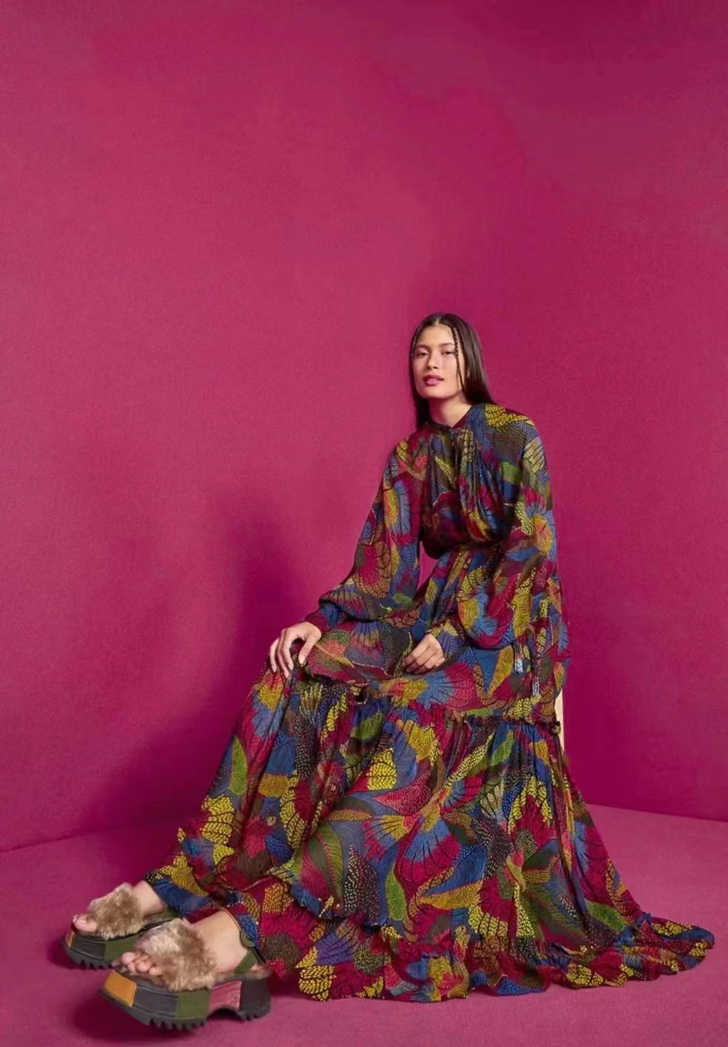 Spring Fall Printed Stand Collar Daily Elegant A-Line Dress Tiered