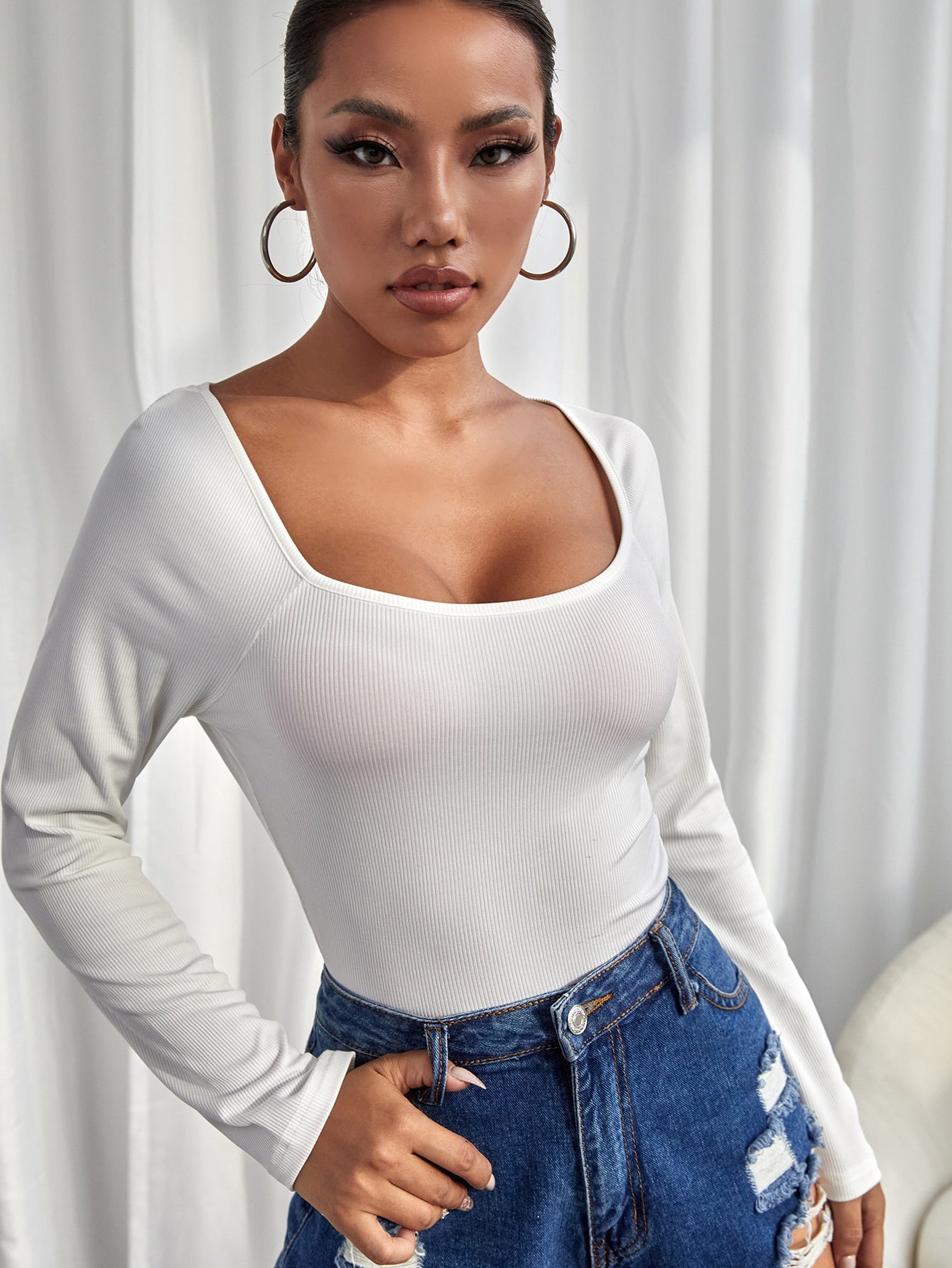 Women's Ribbed Square Neck Long Sleeve Top