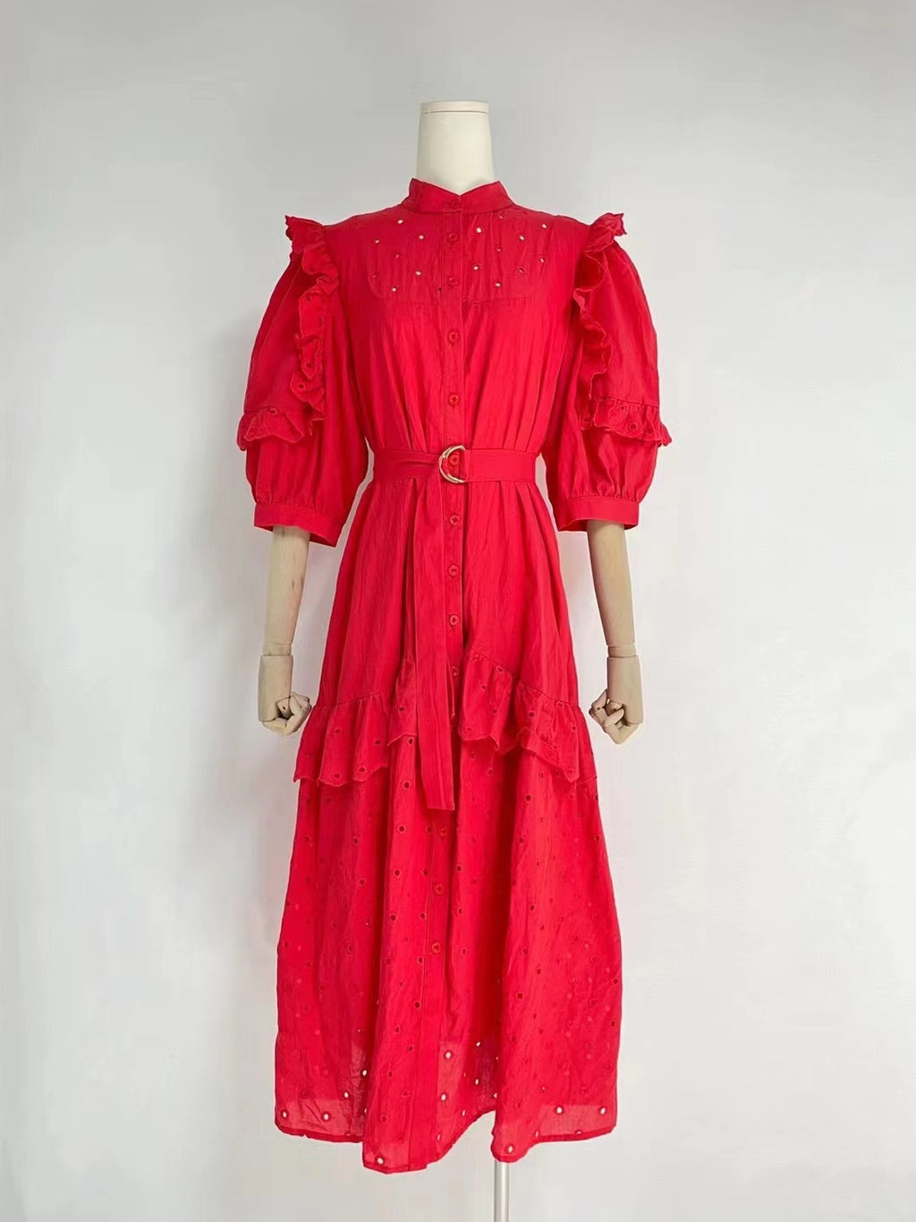 Women's Stand Collar Ruffle Belted Dress