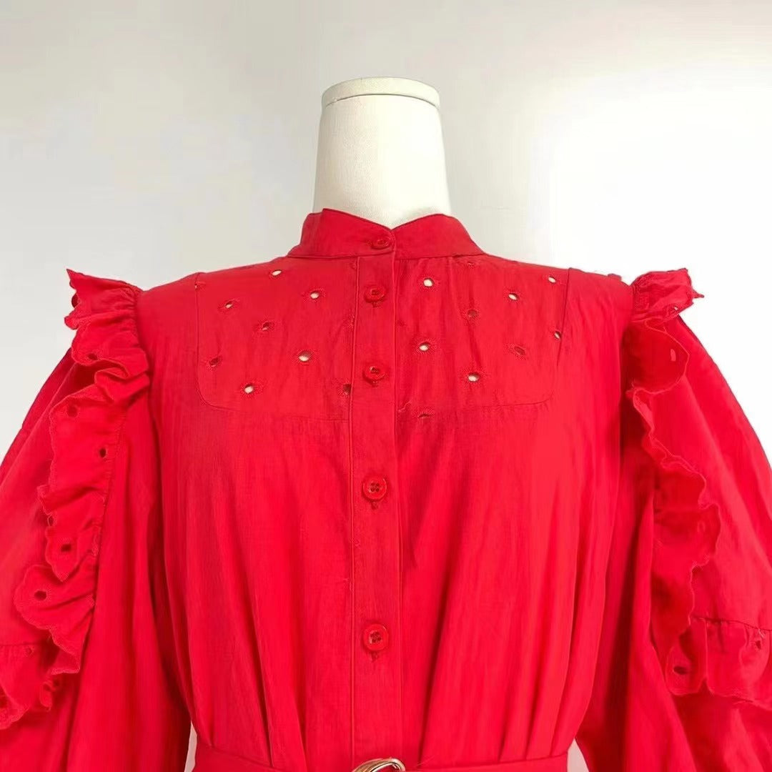 Women's Stand Collar Ruffle Belted Dress