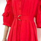 Women's Stand Collar Ruffle Belted Dress