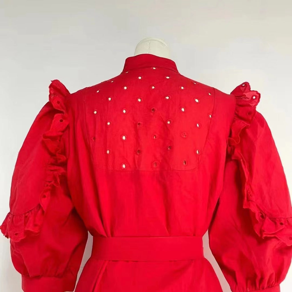 Women's Stand Collar Ruffle Belted Dress
