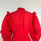 Women's Stand Collar Ruffle Belted Dress