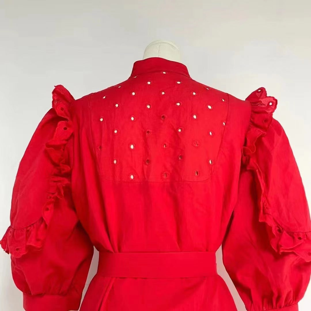 Women's Stand Collar Ruffle Belted Dress