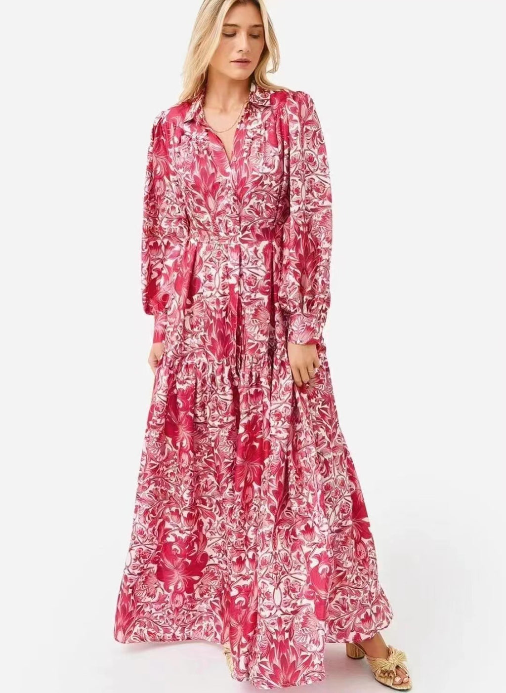 Daily Printed Elegant Collared A-Line Shirt Maxi Dress