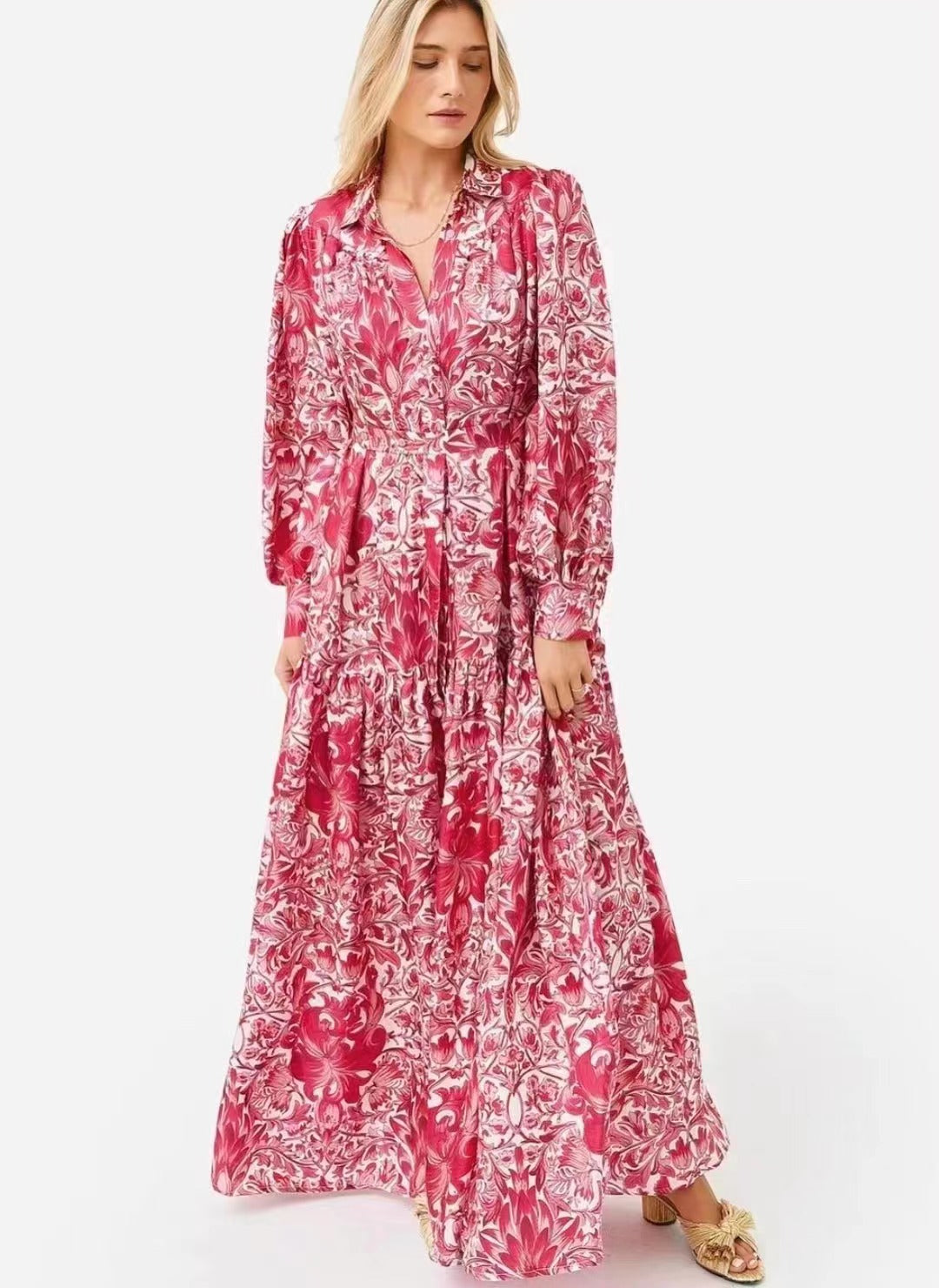 Daily Printed Elegant Collared A-Line Shirt Maxi Dress