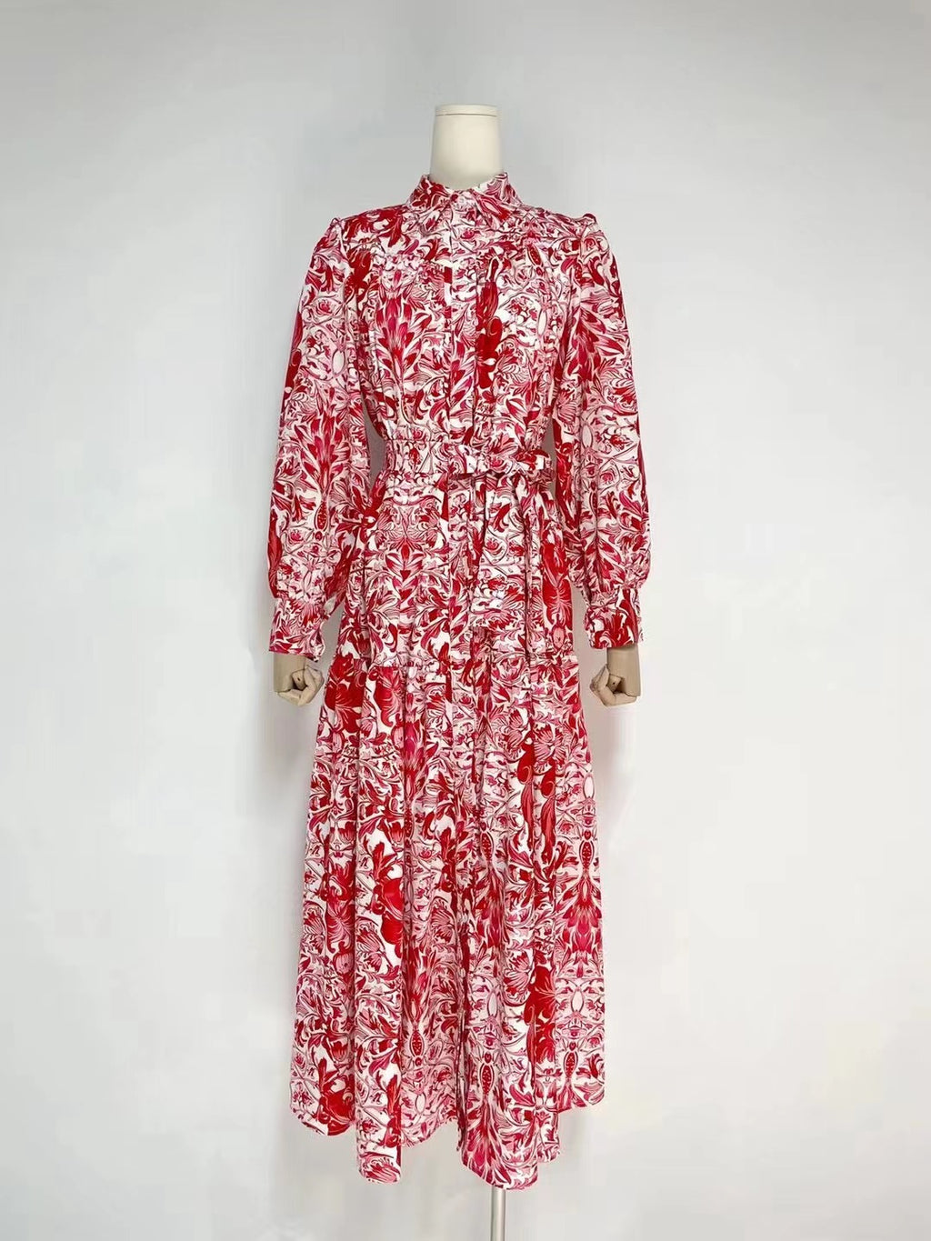 Daily Printed Elegant Collared A-Line Shirt Maxi Dress