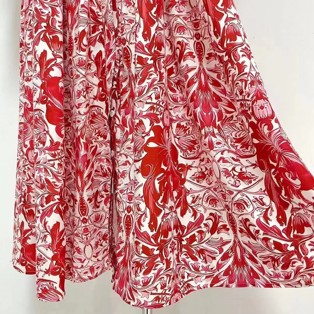 Daily Printed Elegant Collared A-Line Shirt Maxi Dress