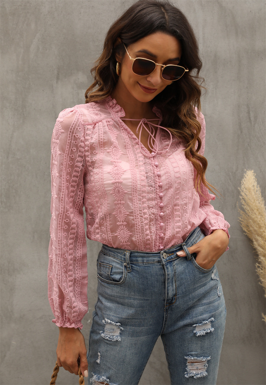 Women's V Neck Embroidery Flower And Wood Ears Long Sleeve Shirt Top Women
