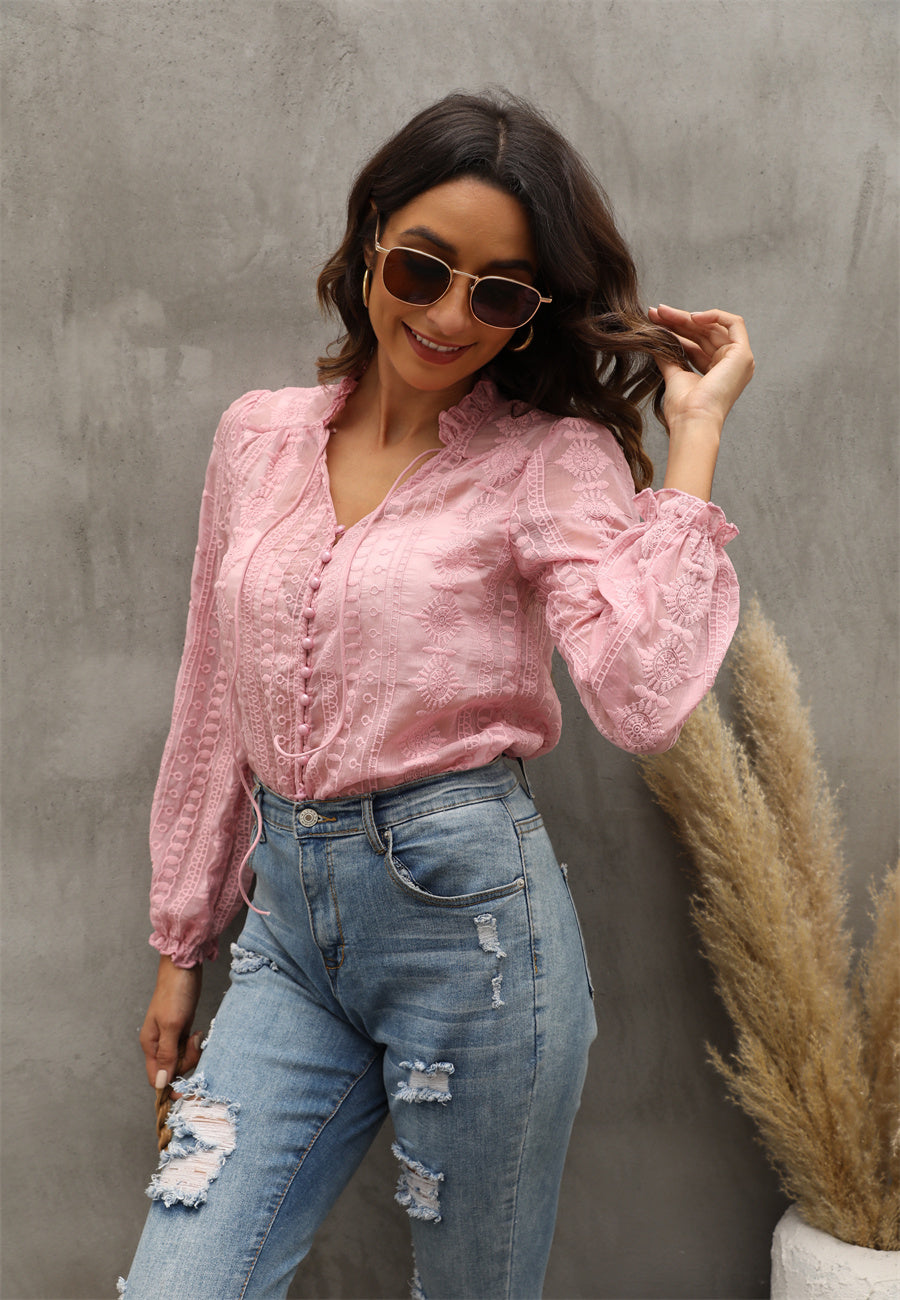 Women's V Neck Embroidery Flower And Wood Ears Long Sleeve Shirt Top Women