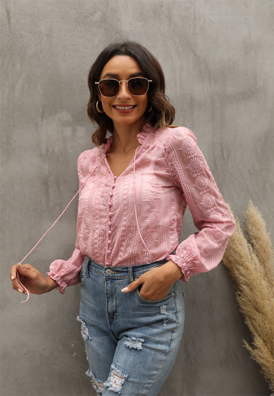 Women's V Neck Embroidery Flower And Wood Ears Long Sleeve Shirt Top Women