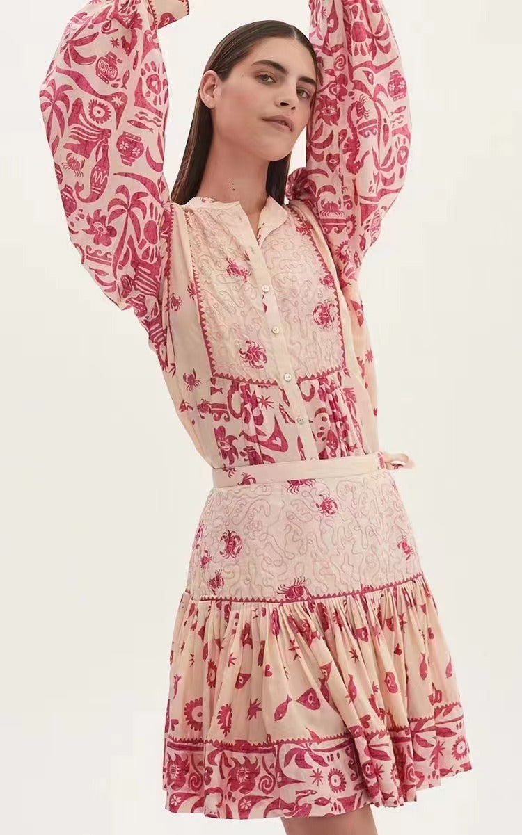 Women's Stand Collar Belted Lantern Coordinated Two-Piece Set