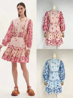Women's Stand Collar Belted Lantern Coordinated Two-Piece Set