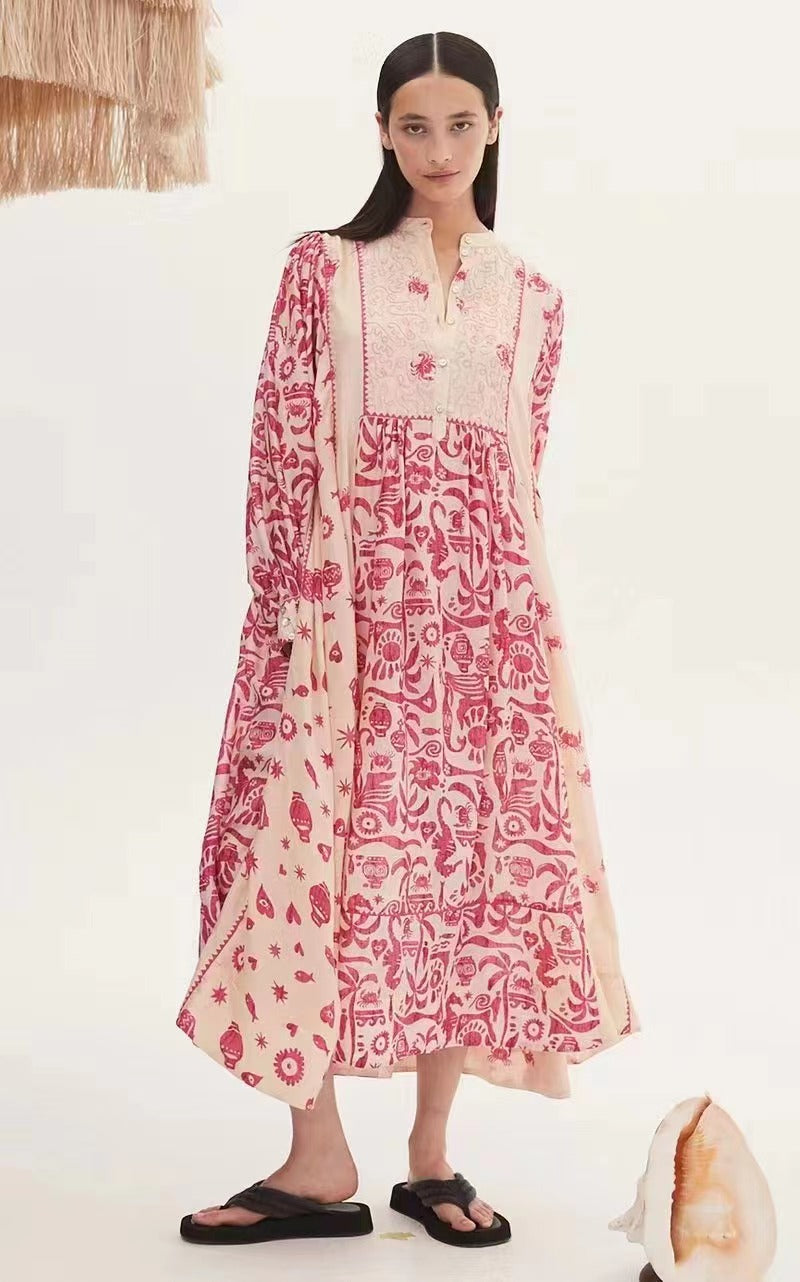 Printed Belted Elegant A-Line Maxi Dress