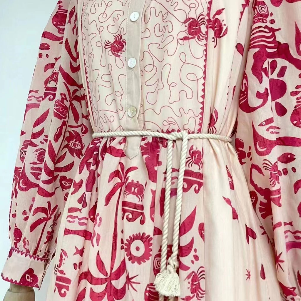 Printed Belted Elegant A-Line Maxi Dress