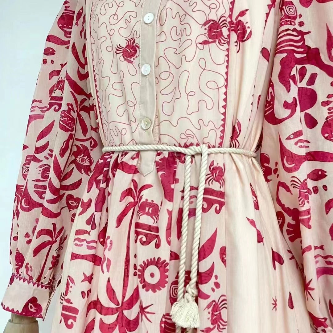 Printed Belted Elegant A-Line Maxi Dress