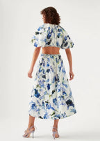 Soild Printed Cutout Crew Neck Elegant Maxi Dress