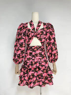 Spring Fall Cutout Tie Lace Soild Floral Halter Daily Tiered Dress