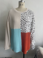 Women's Autumn Winter Contrast Color Leopard Print Knitted Long-Sleeved Top Women