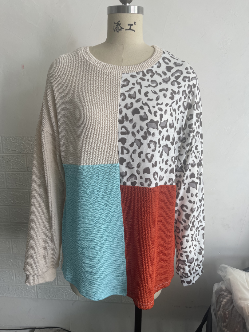Women's Autumn Winter Contrast Color Leopard Print Knitted Long-Sleeved Top Women