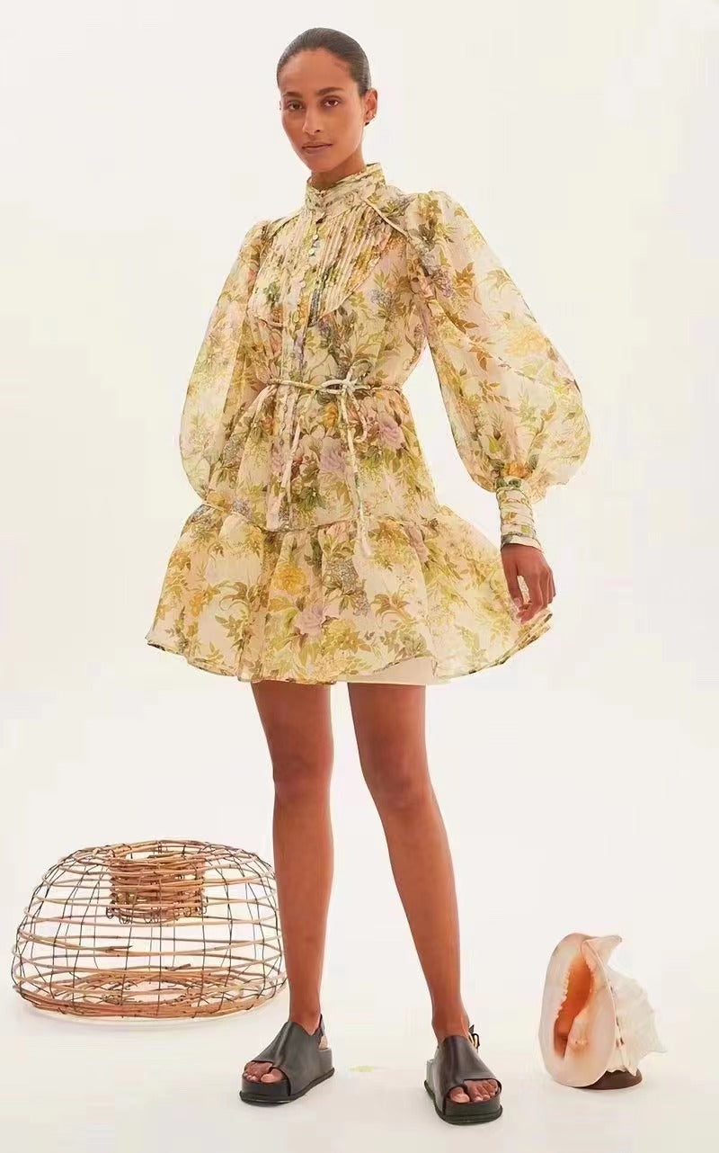 Spring Fall Vacation Floral Belted Lantern Sleeve Stand Dress