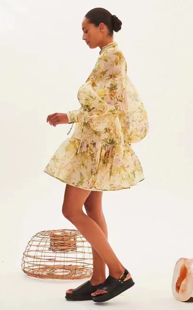 Spring Fall Vacation Floral Belted Lantern Sleeve Stand Dress