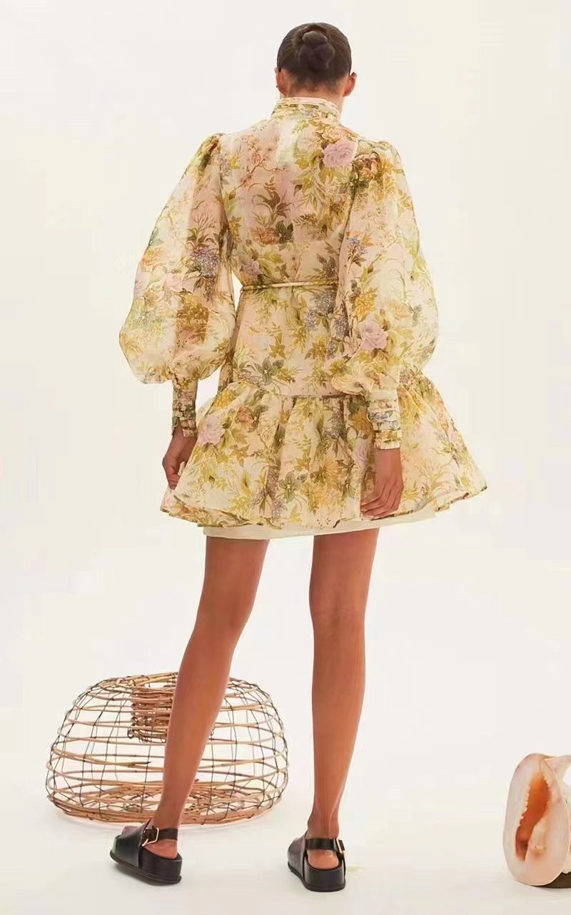 Spring Fall Vacation Floral Belted Lantern Sleeve Stand Dress