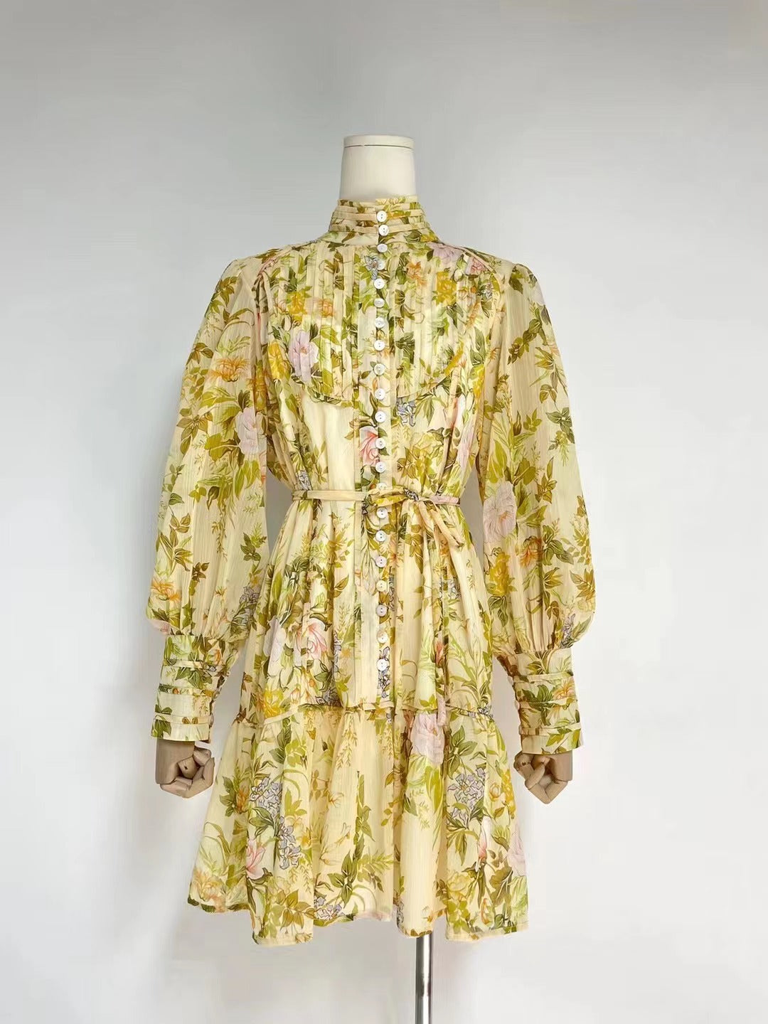 Spring Fall Vacation Floral Belted Lantern Sleeve Stand Dress