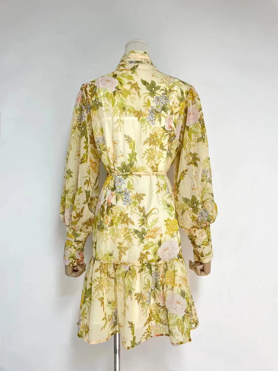 Spring Fall Vacation Floral Belted Lantern Sleeve Stand Dress